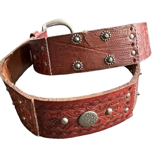 Fossil Patchwork Tooled Leather Belt Boho Hippie Brown main image 6